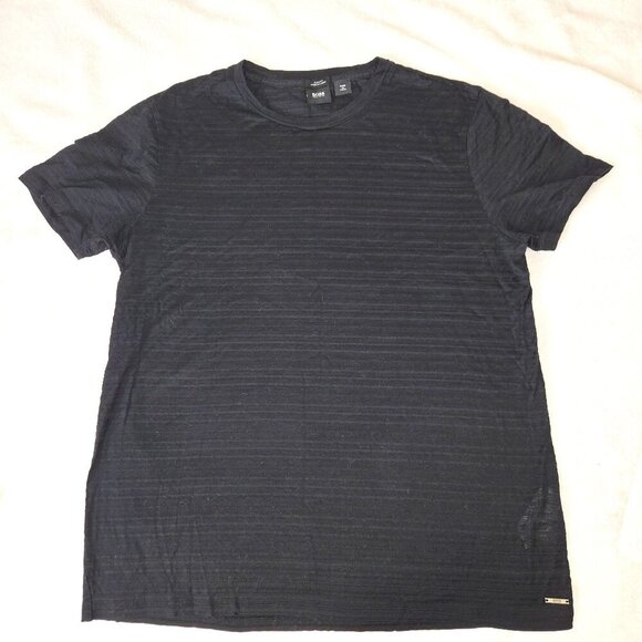 BOSS Mens Short Sleeve Black Striped Sheer T-shirt slim fit mercerized cotton L - Picture 1 of 10